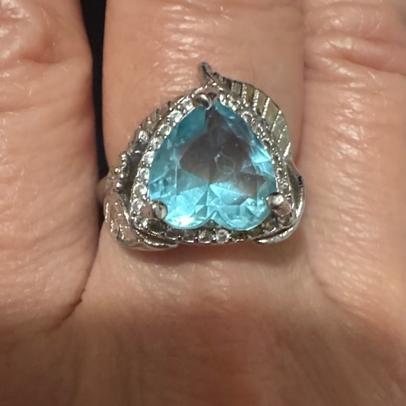 Vintage Blue Stone Heart with Leaves Wrap around Design Silver Ring - Picture 4 of 14